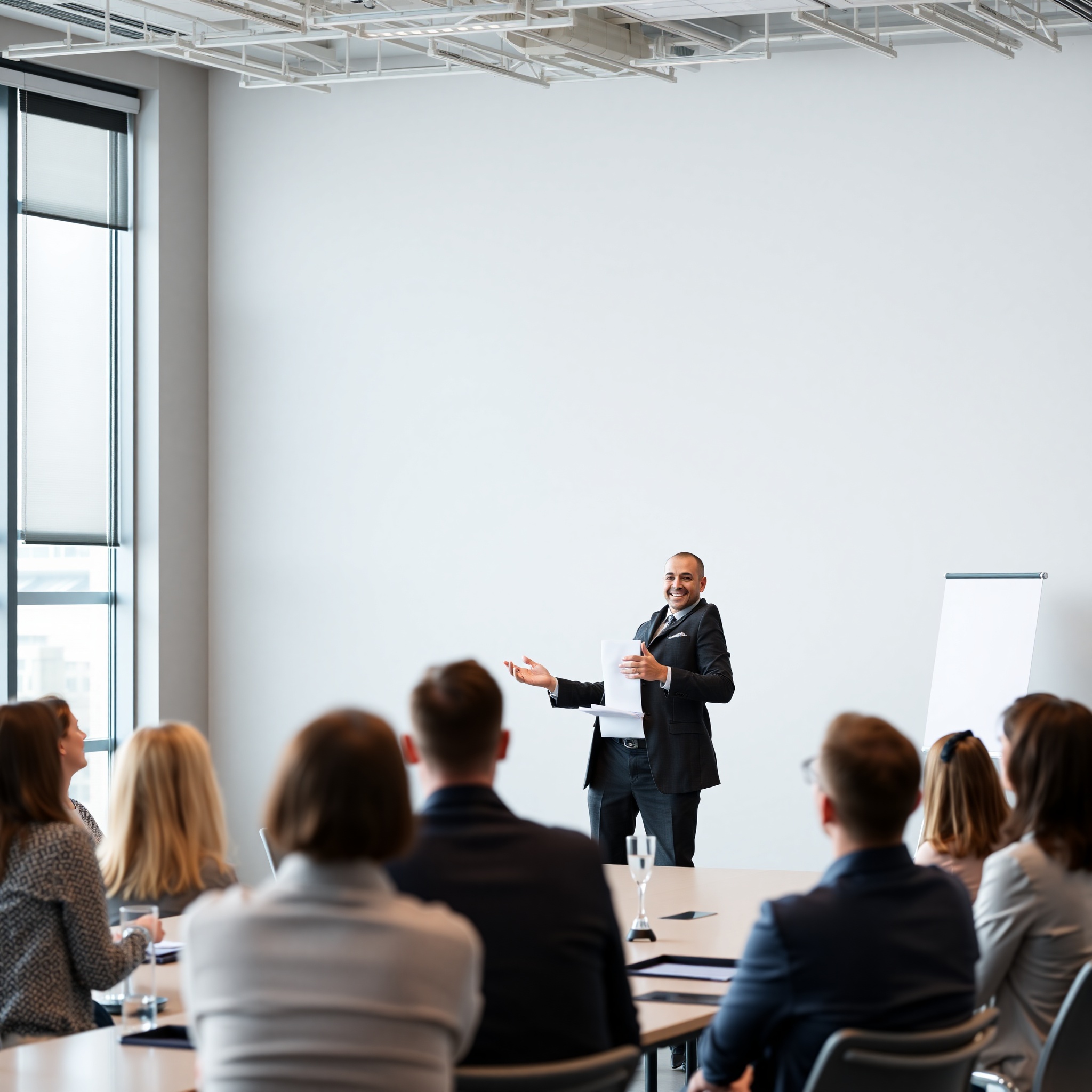 Business executive leading team meeting with confidence and authority