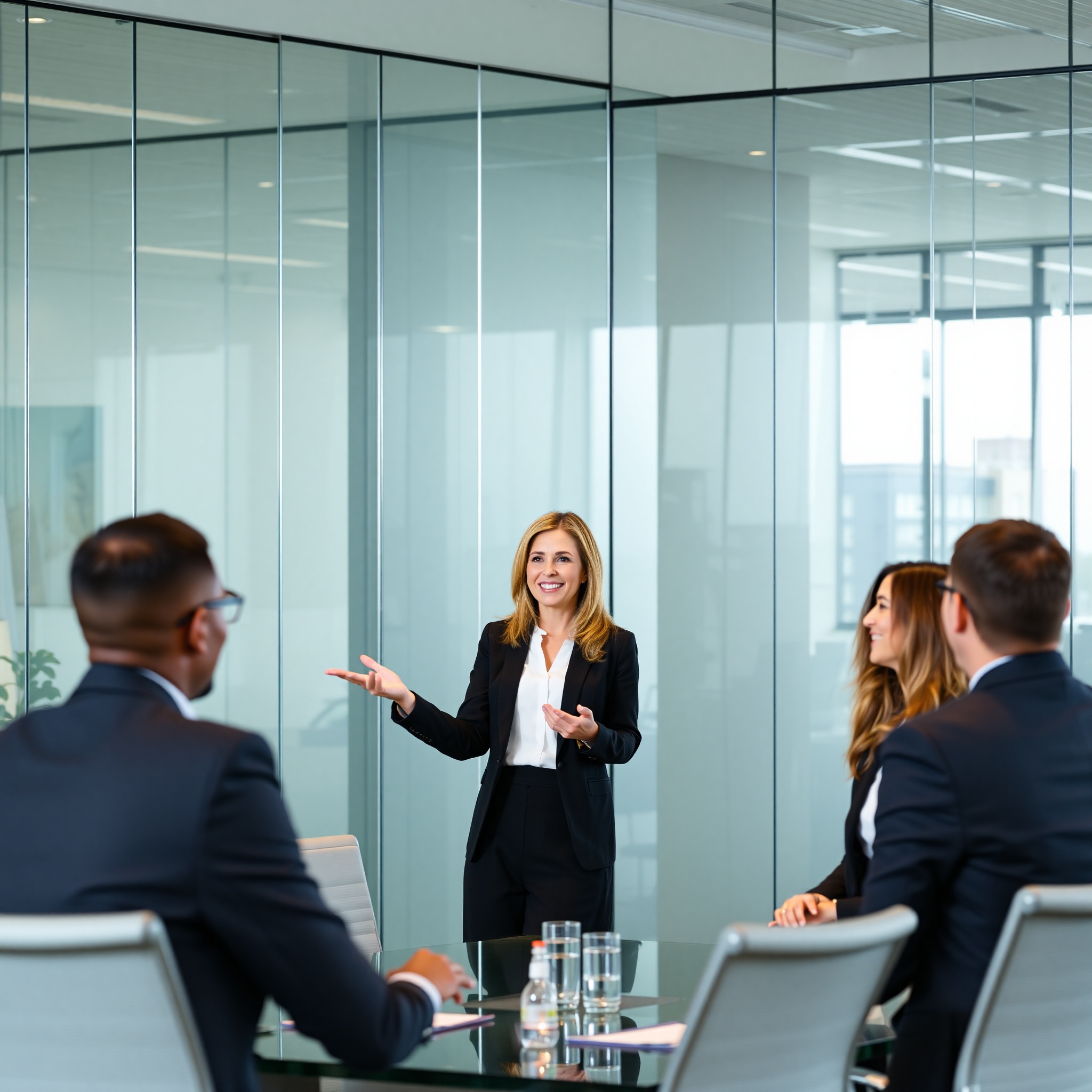 Female business leader presenting strategy to diverse executive team in modern boardroom