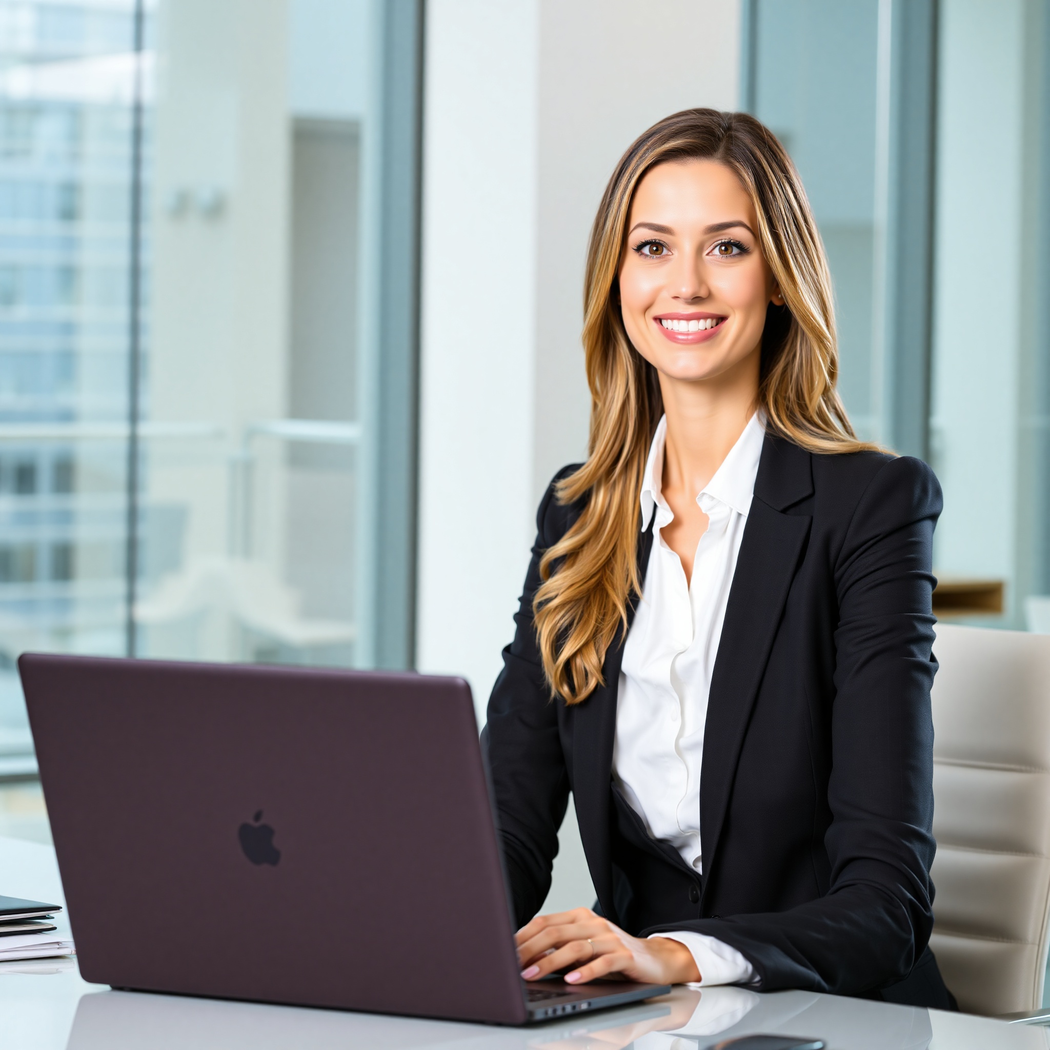 Professional business person with laptop in modern office setting discussing career growth strategies