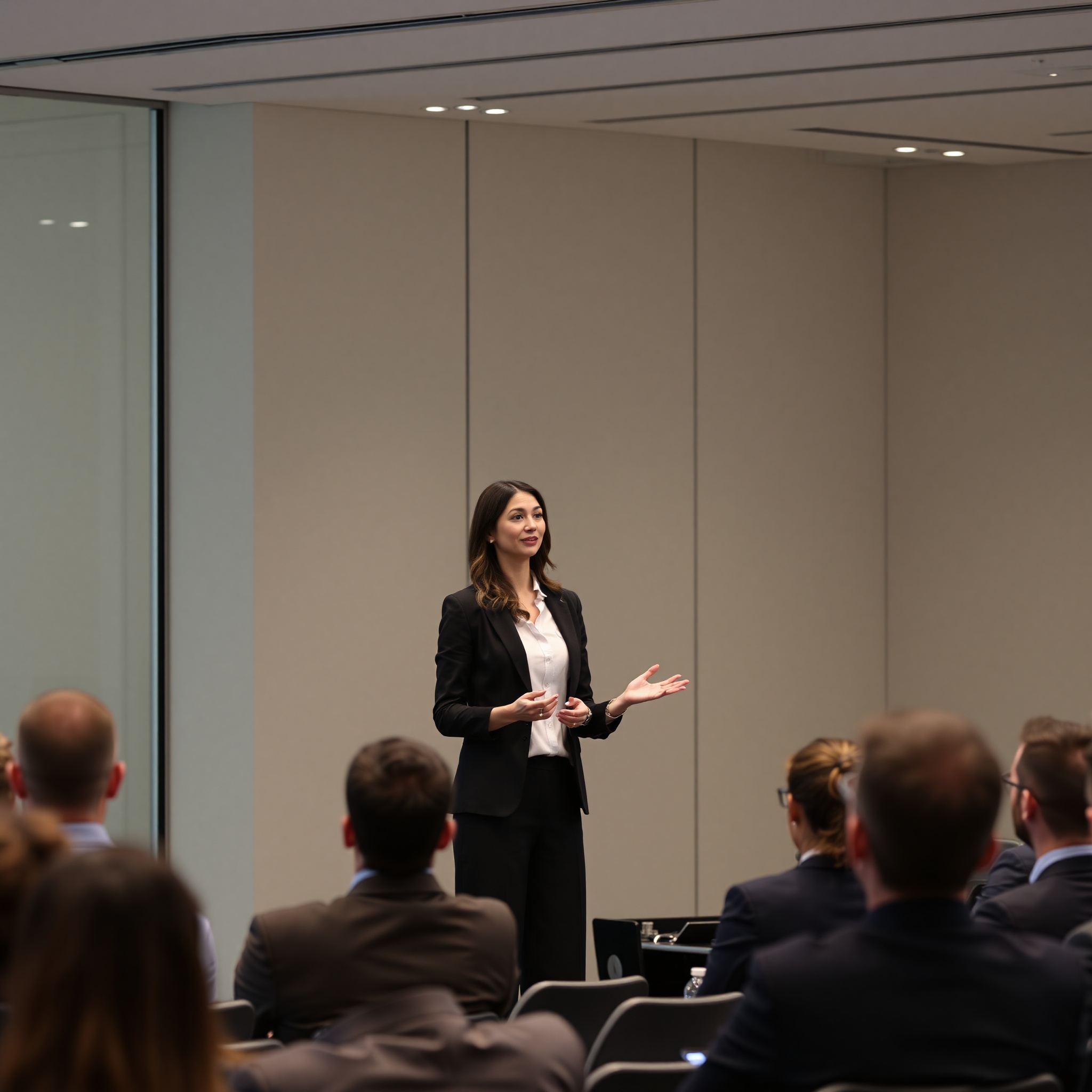 Female executive presenting strategy on screen to attentive audience in corporate conference room