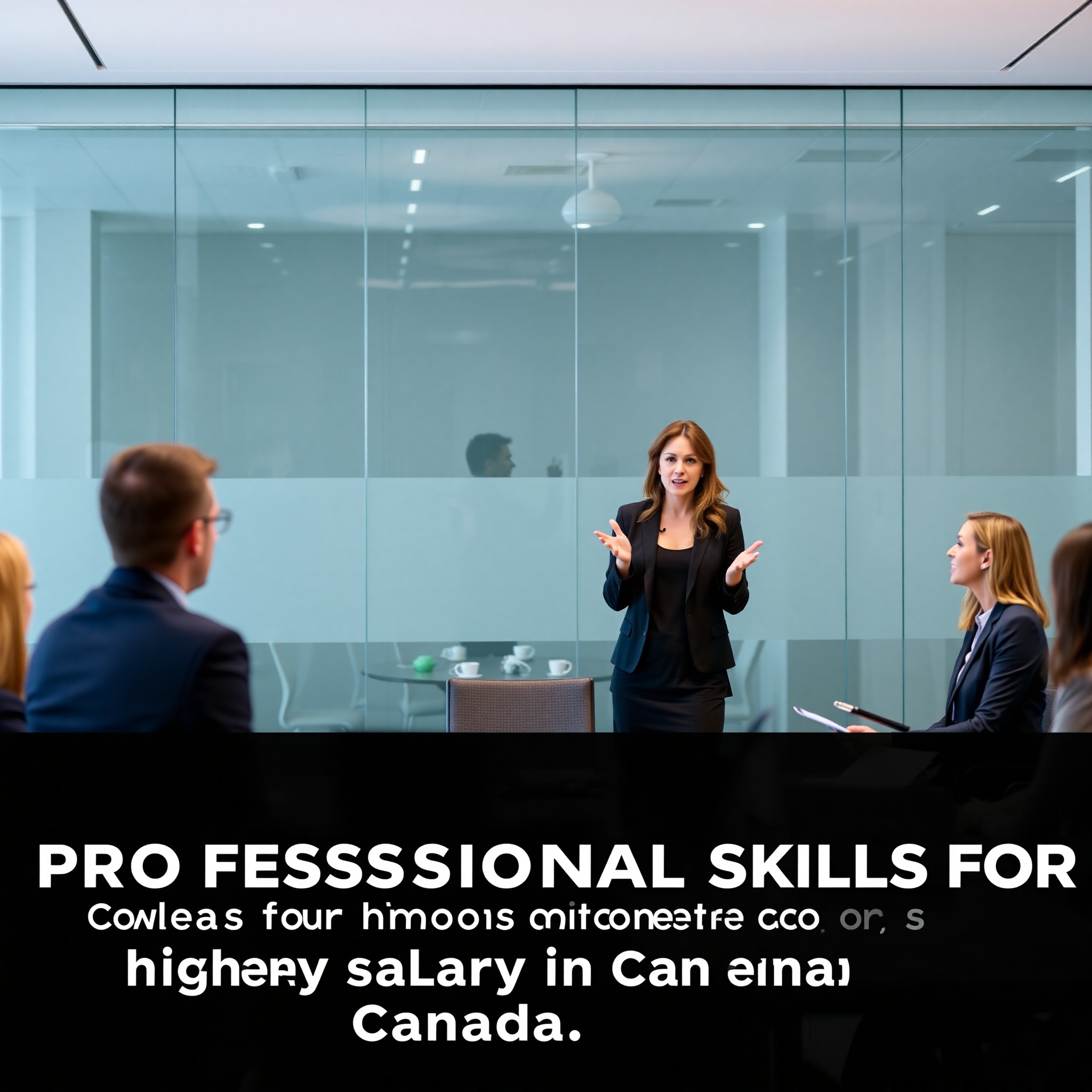 Professional woman conducting business presentation in conference room with colleagues attentively listening