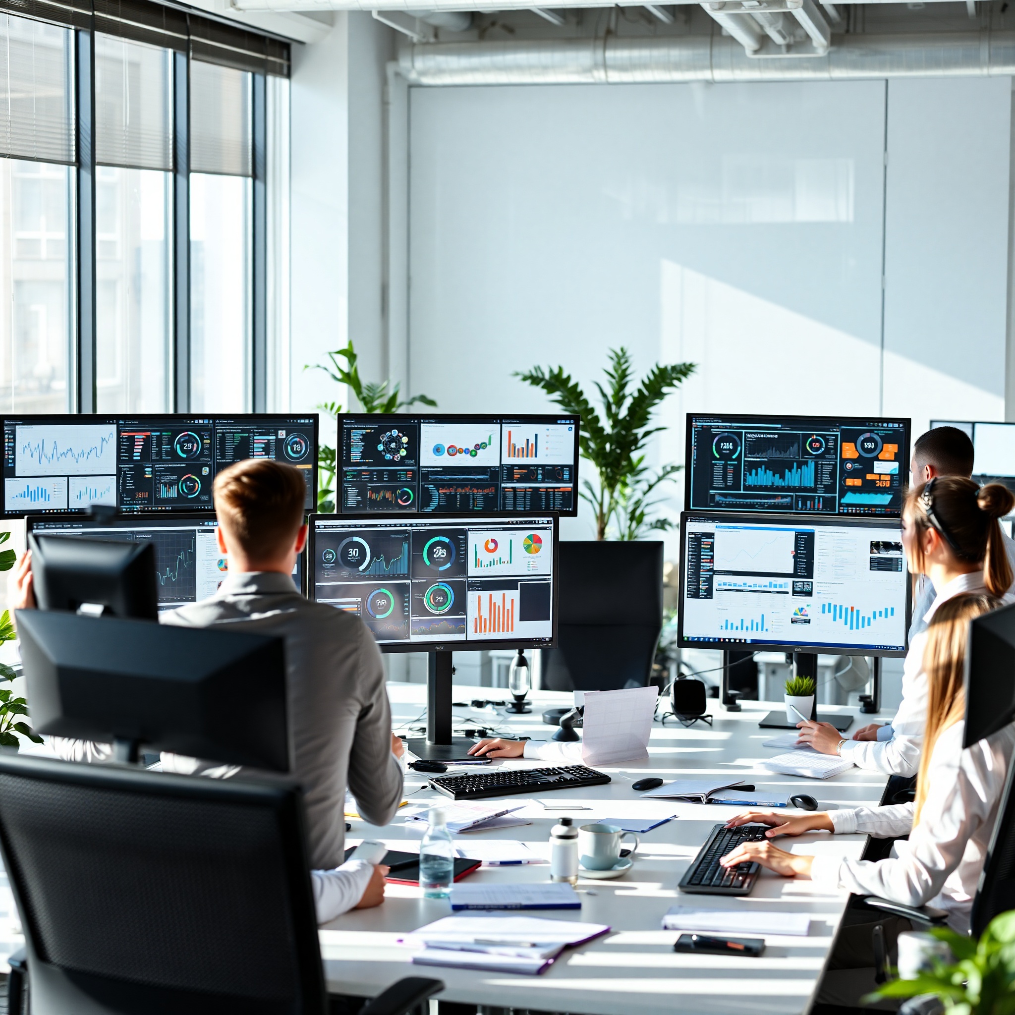 Professional analysts reviewing data dashboards on multiple monitors in modern office environment