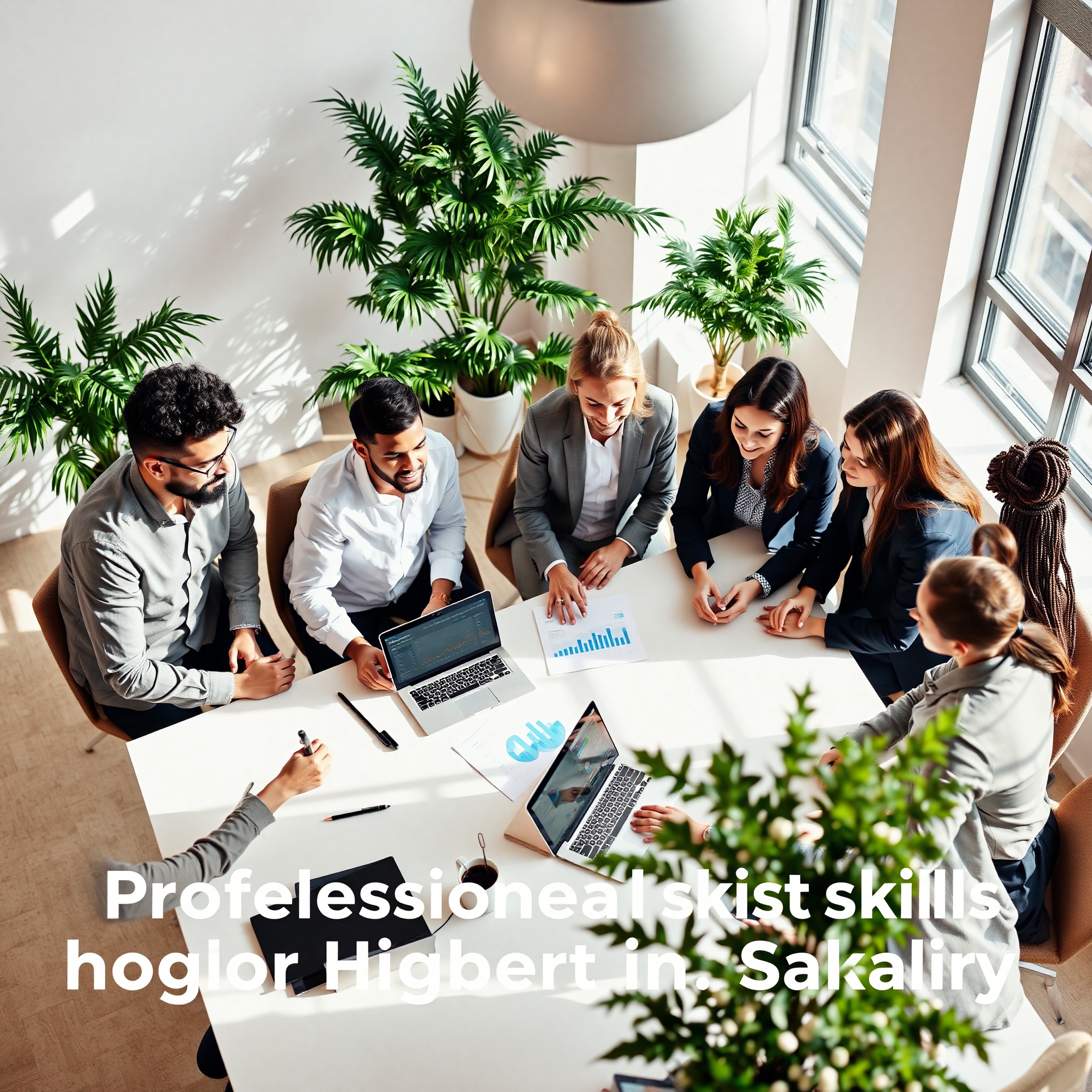 Team of diverse professionals collaborating on project with documents and analytics dashboard visible