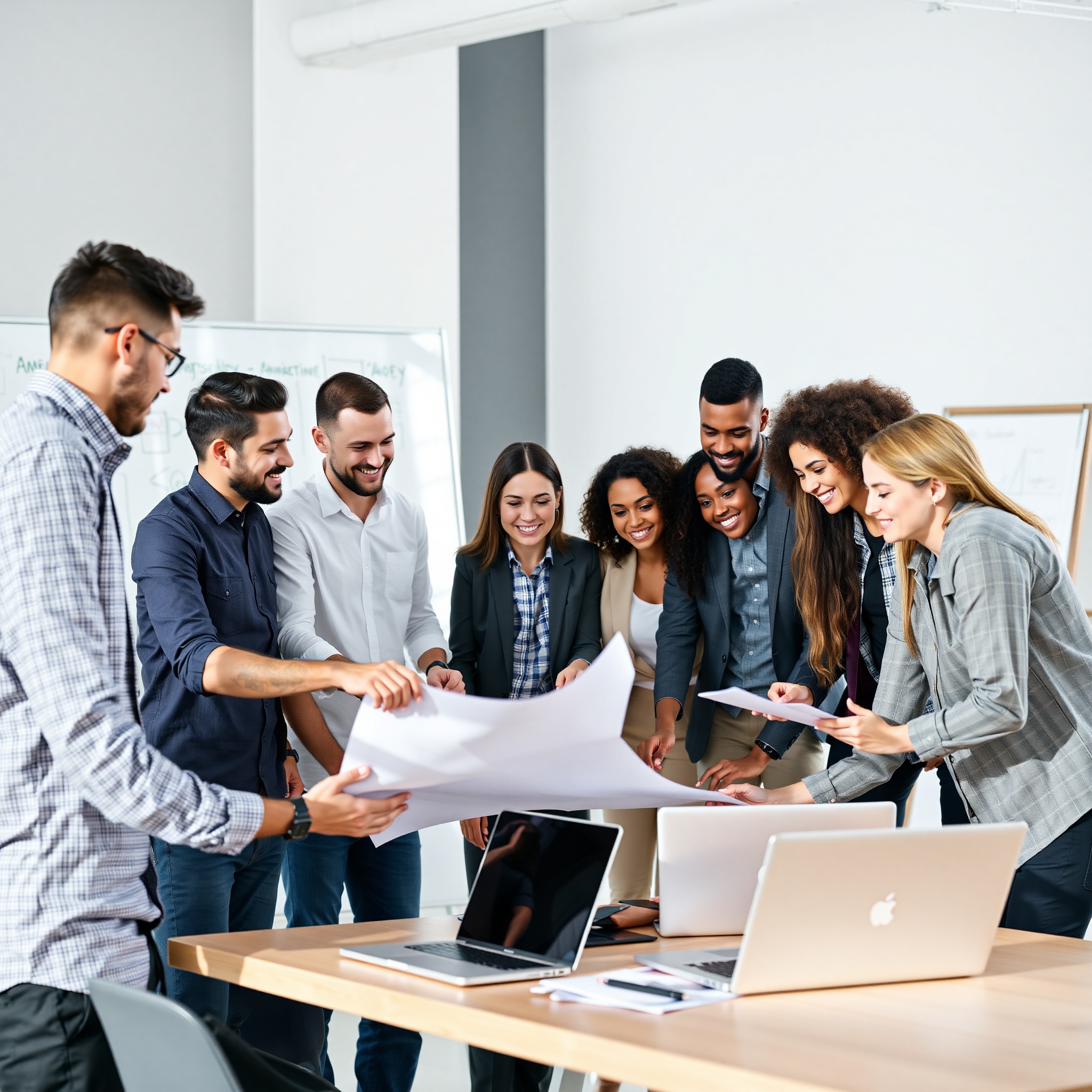 Diverse entrepreneurship team collaborating on startup strategy in creative workspace