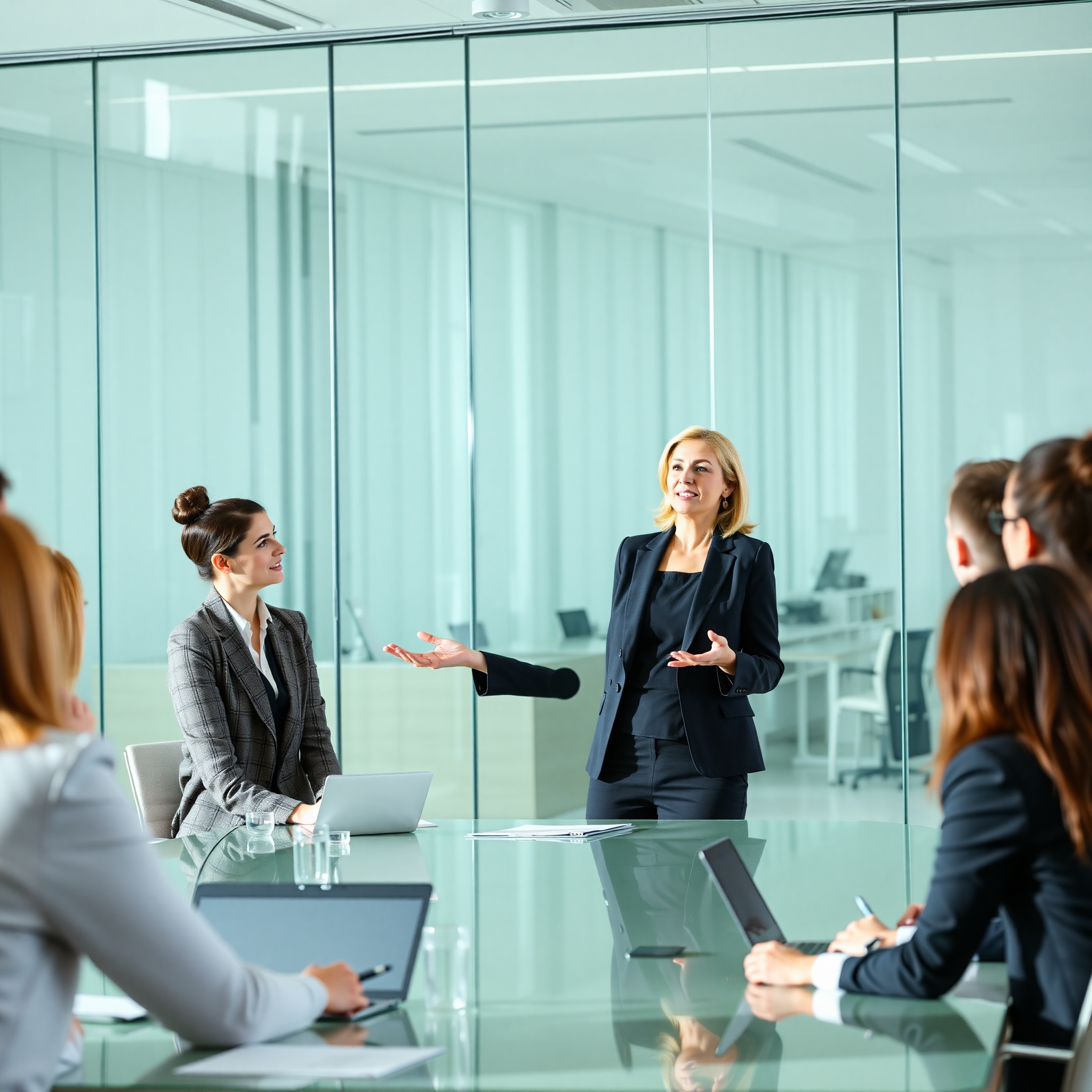 Professional business leader presenting to team in modern conference room