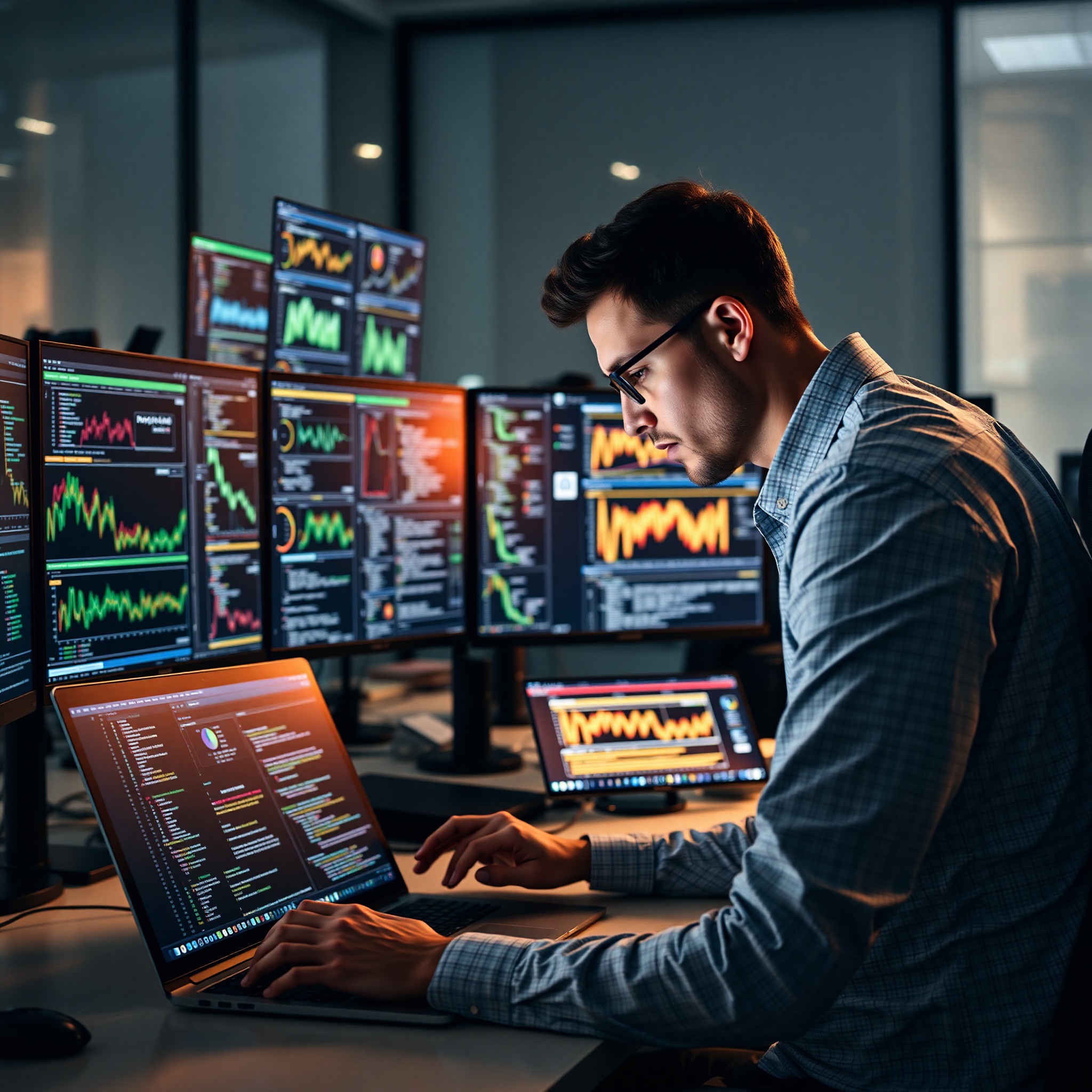 Data scientist working with Python code and statistical models on laptop in tech workspace