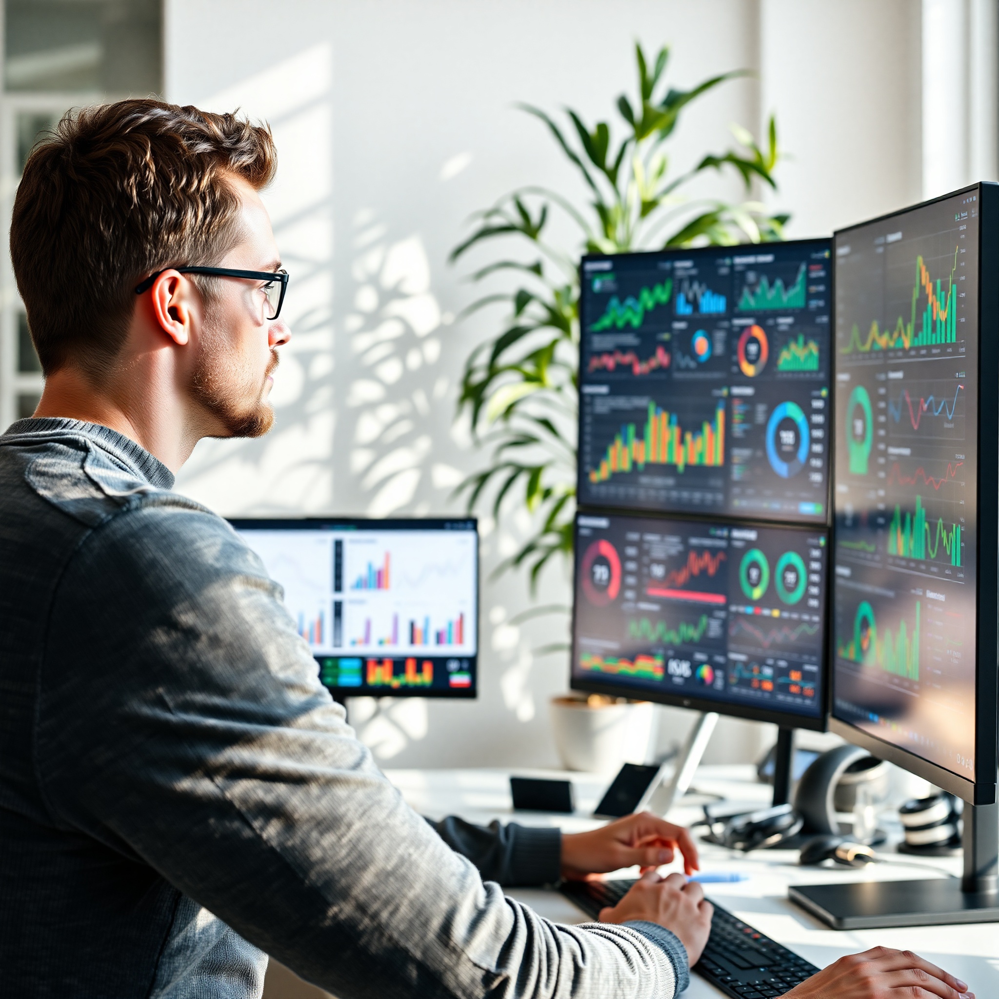 Professional at computer workstation analyzing data and metrics on multiple screens in tech office
