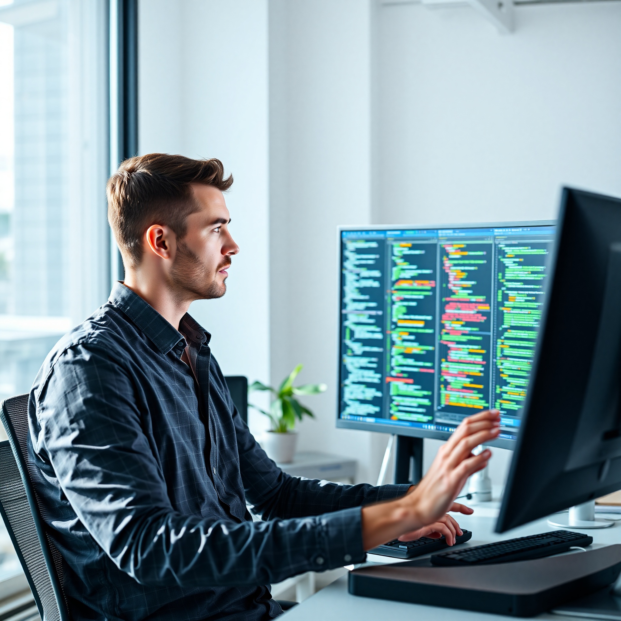 Professional male engineer reviewing technical specifications and coding on multiple monitors