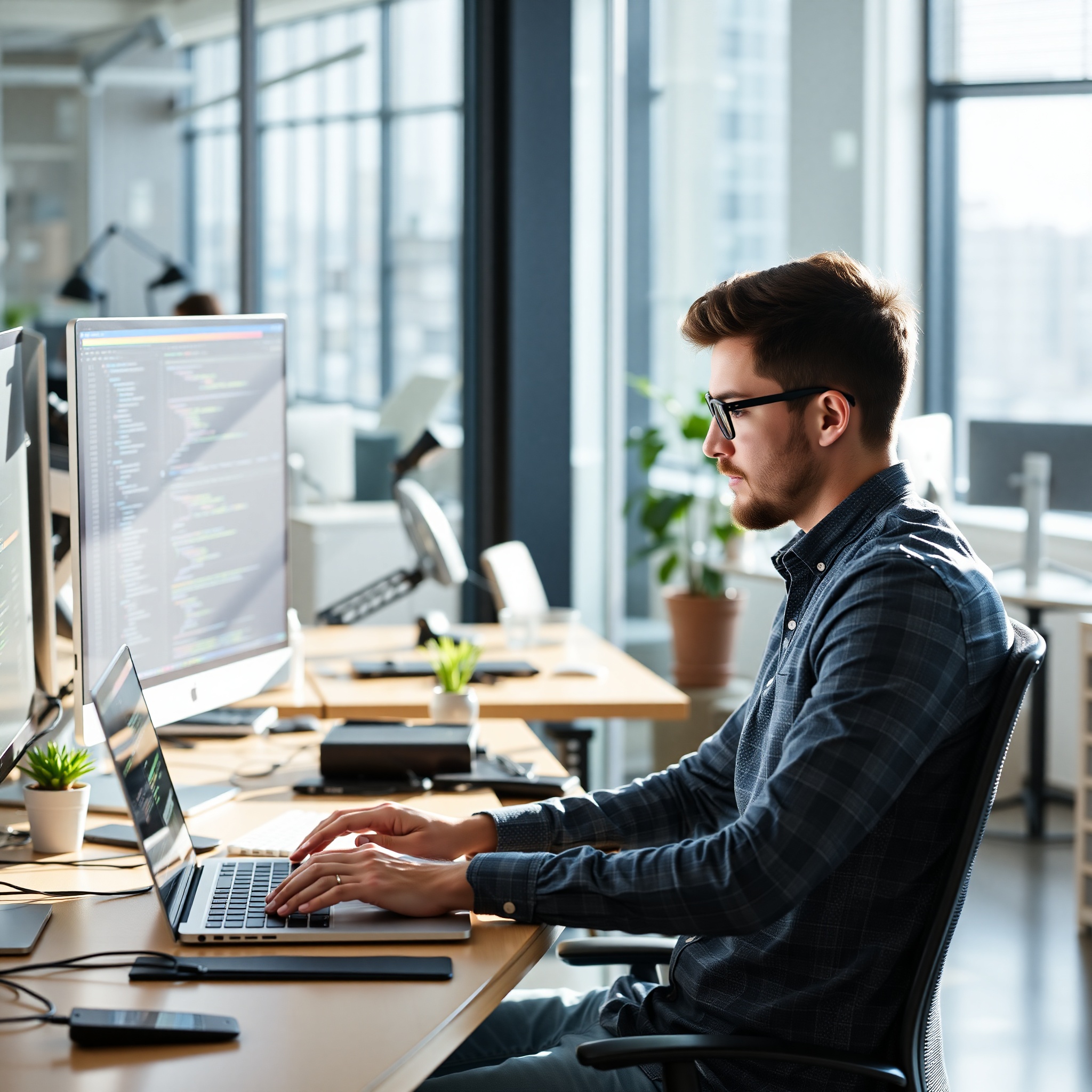 Software developer working on laptop with code on screen in technology office