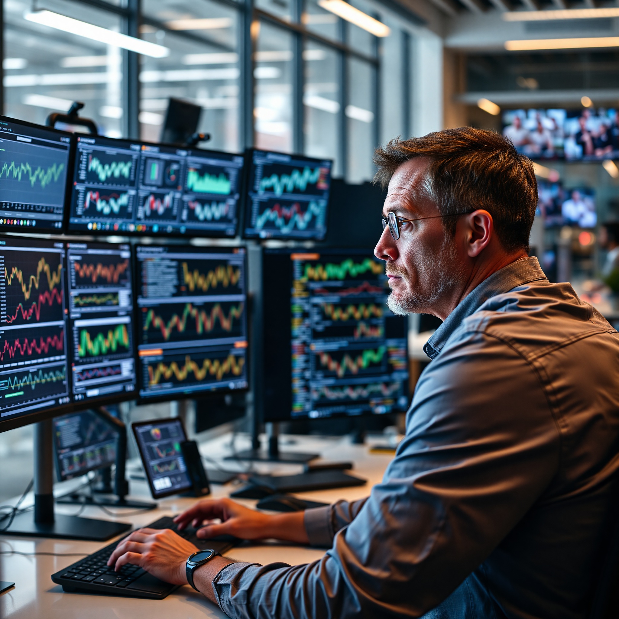 Professional at computer workstation analyzing data and metrics on multiple screens in tech office