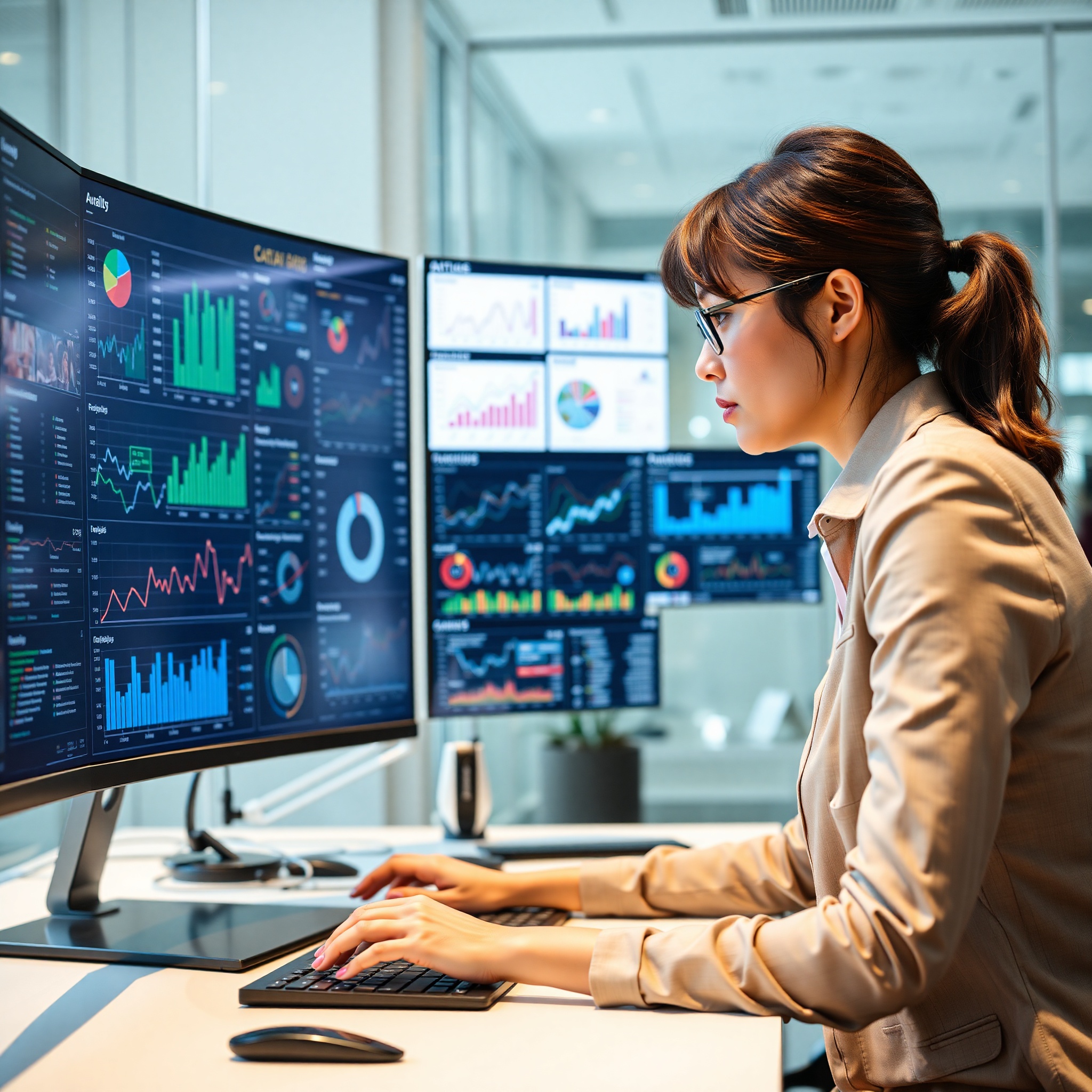 Data analyst woman working with business intelligence dashboard and analytics visualizations