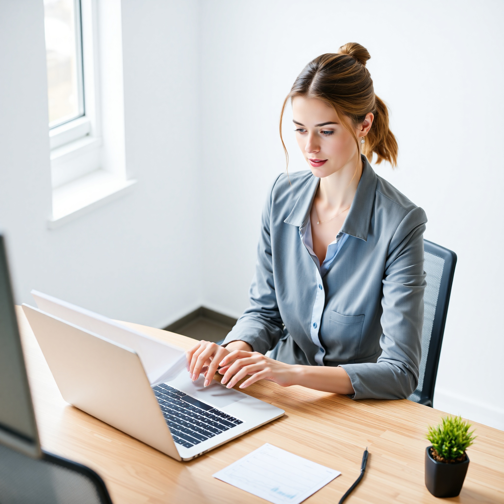 Professional woman reviewing business plan with financial charts at modern office desk
