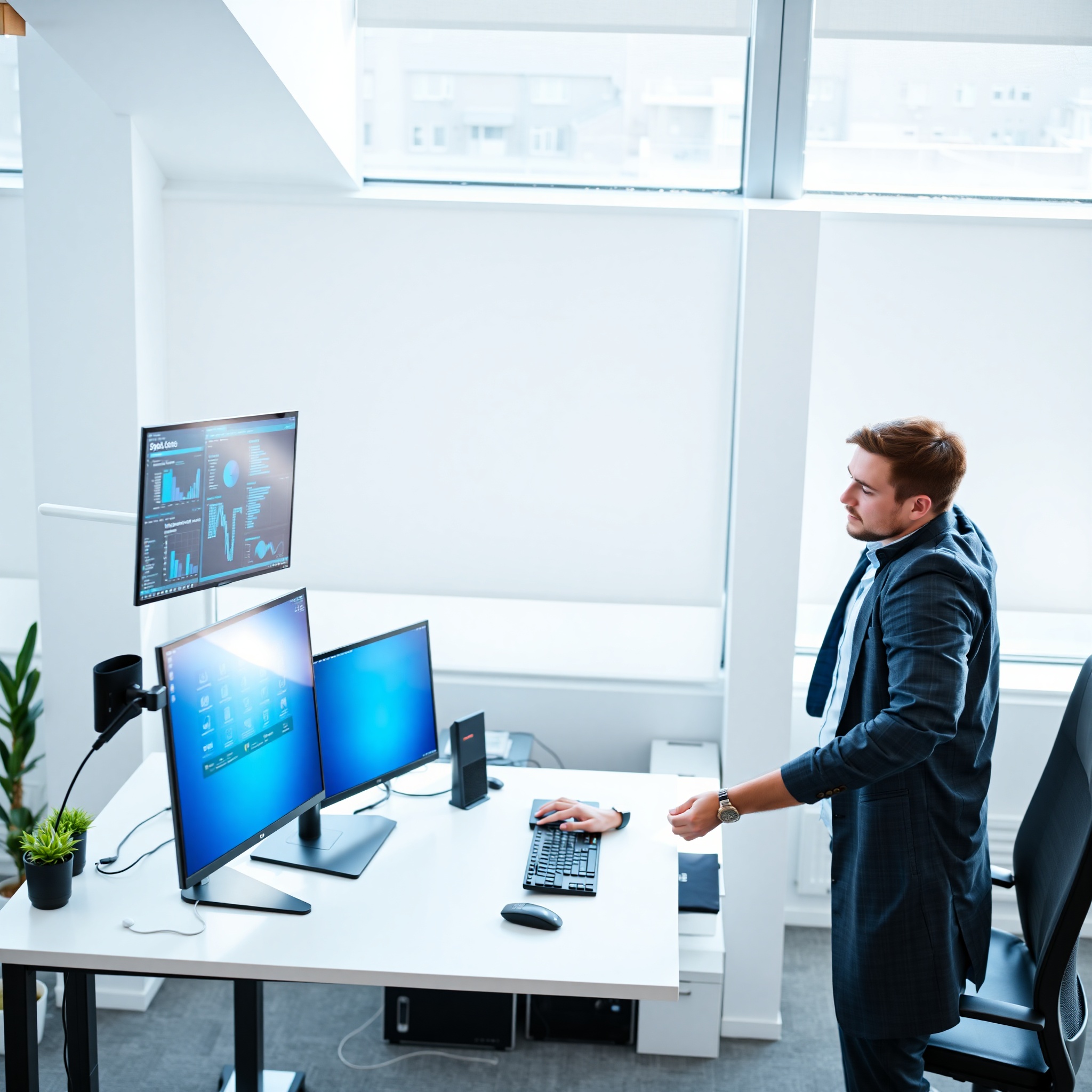 Professional working at computer with multiple monitors in modern office setting
