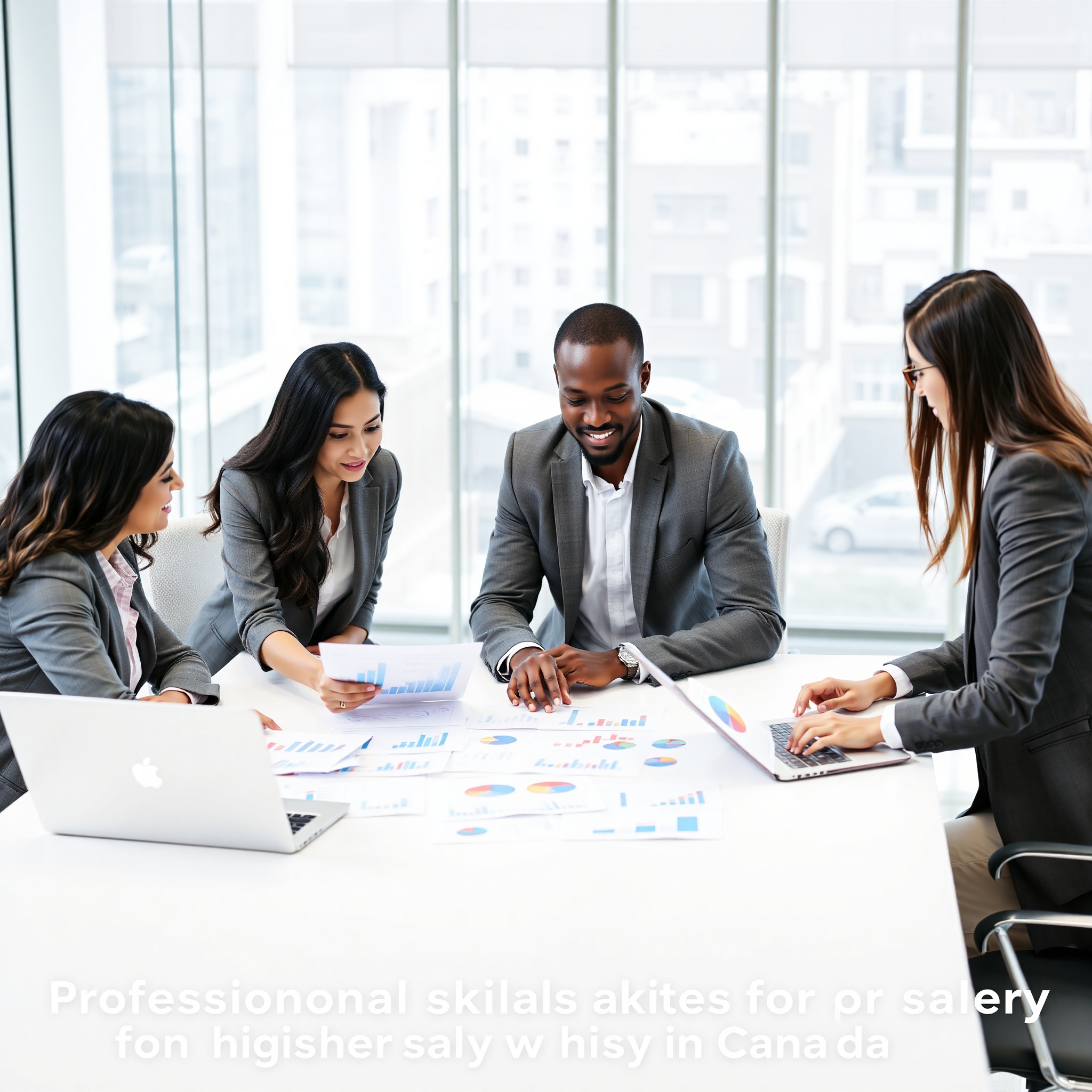 Team of diverse professionals collaborating on project with documents and analytics dashboard visible