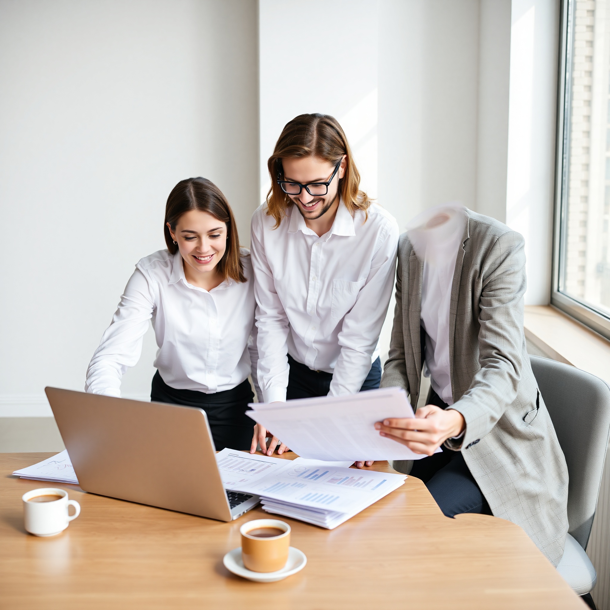 Entrepreneurs discussing business strategy with laptop and financial charts visible on desk